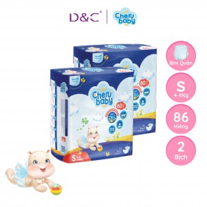 Combo 2 bịch Tã/Bỉm Dán CHERUBABY Thấm Hút Tối Đa, Siêu Mỏng, Bề Mặt Giải Phóng Nhiệt Size S Cho Bé 4kg-8kg 86 Miếng